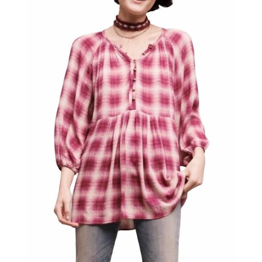 Anthropologie Maeve Womens Cavalon Pink Plaid Peplum Tunic Top size Medium